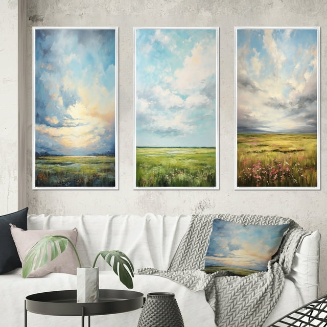 Designart "pasture Bold Horizon III" Landscape & Nature Framed Wall Art Set Of 3 - Green Meadow Frame Gallery Wall Set For Home Decor