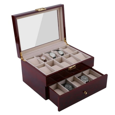 20 Slots Watch Box for Men Women Wood Watch Organizer with Lockable Glass Top Drawer Jewelry Tray (Brown)