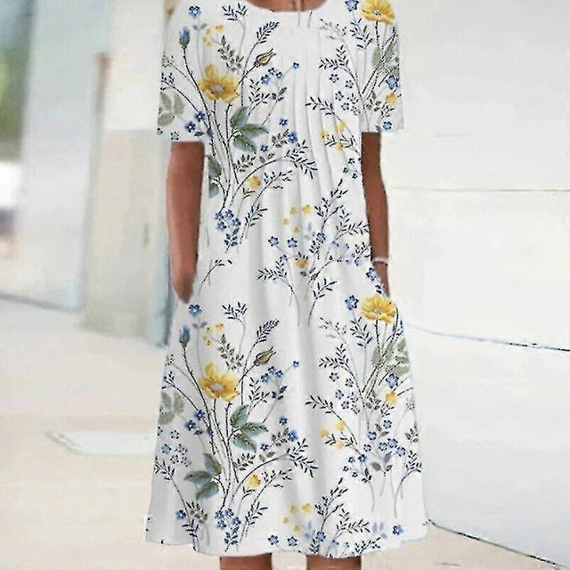 Womens Floral Crew Neck Shortsleeve Midi Dress Ladies Baggy Pocket Pleated Dressa