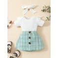thumbnail image 3 of FEORJGP Infant Baby Girls 3 Piece Summer Outfit Newborn Ruffles Short Sleeve Rompers Crew Neck Jumpsuit Solid Bodysuit and Plaid Print Button Skirt Headband Little Girl Loose Casual Clothes Set, 3 of 9