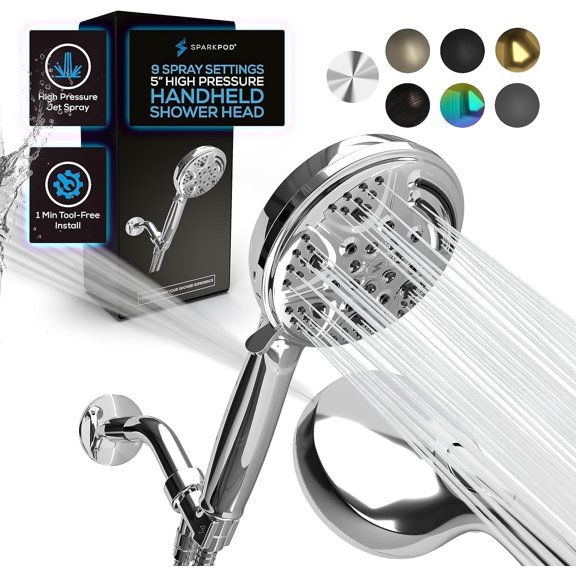 SparkPod Handheld Shower Head 5 Inch 9 Spray Settings With On/Off Switch (Luxury Chrome)