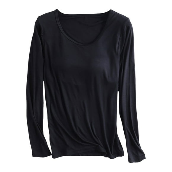 SNKSDGM Long Sleeve Shirts for Women Crop Women's Autumn Winter Tight Thermal Underwear Thickened Top Thin Velvet Body Shaping Long Sleeved T Shirt with Chest Pad Bra Cup Pajamas S