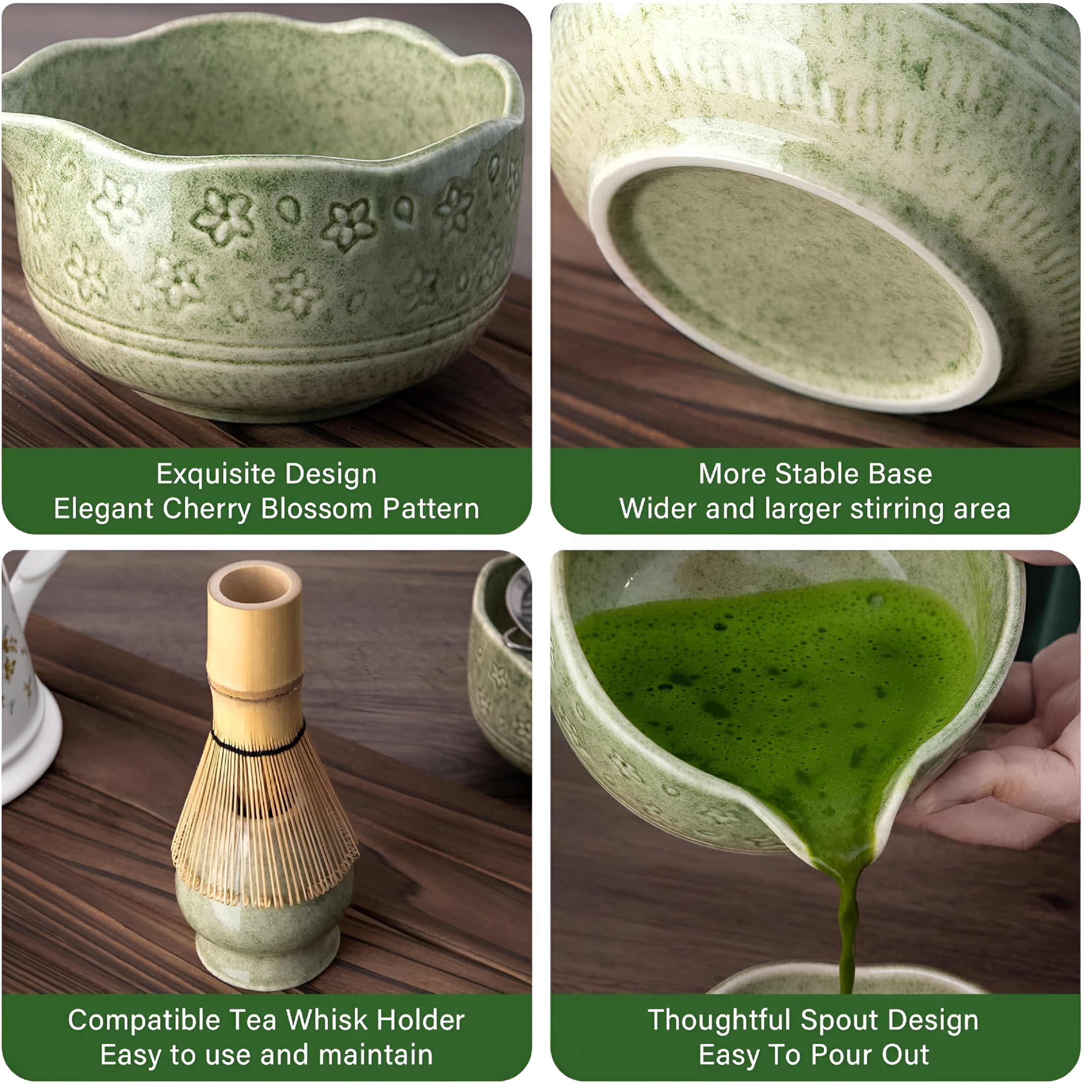 ACDANC Matcha Whisk Set-7 Pcs Ceramic Matcha Kit with 18Oz Spout Bowl&Cherry Blossom Design,Bamboo Whisk&Holder,Scoop,Rest,Sifter,Towel,Elegant Japanese Tea Gift Set