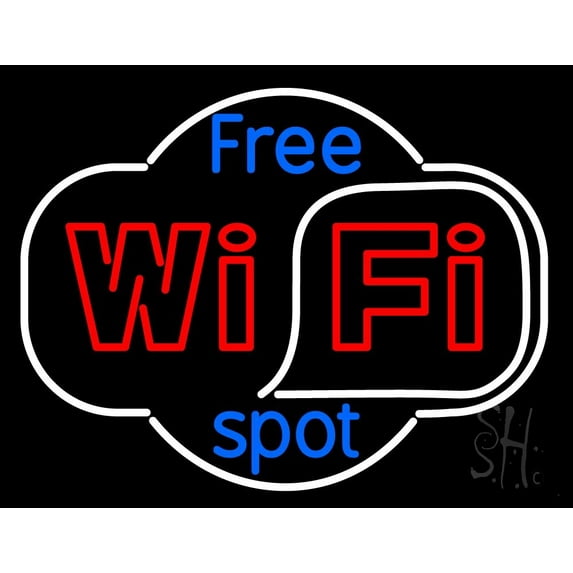Free Wifi Spot LED Neon Sign 24 x 31 - inches, Clear Edge Cut Acrylic Backing, with Dimmer - Bright and Premium built indoor LED Neon Sign for Computer & Electronics store decor.