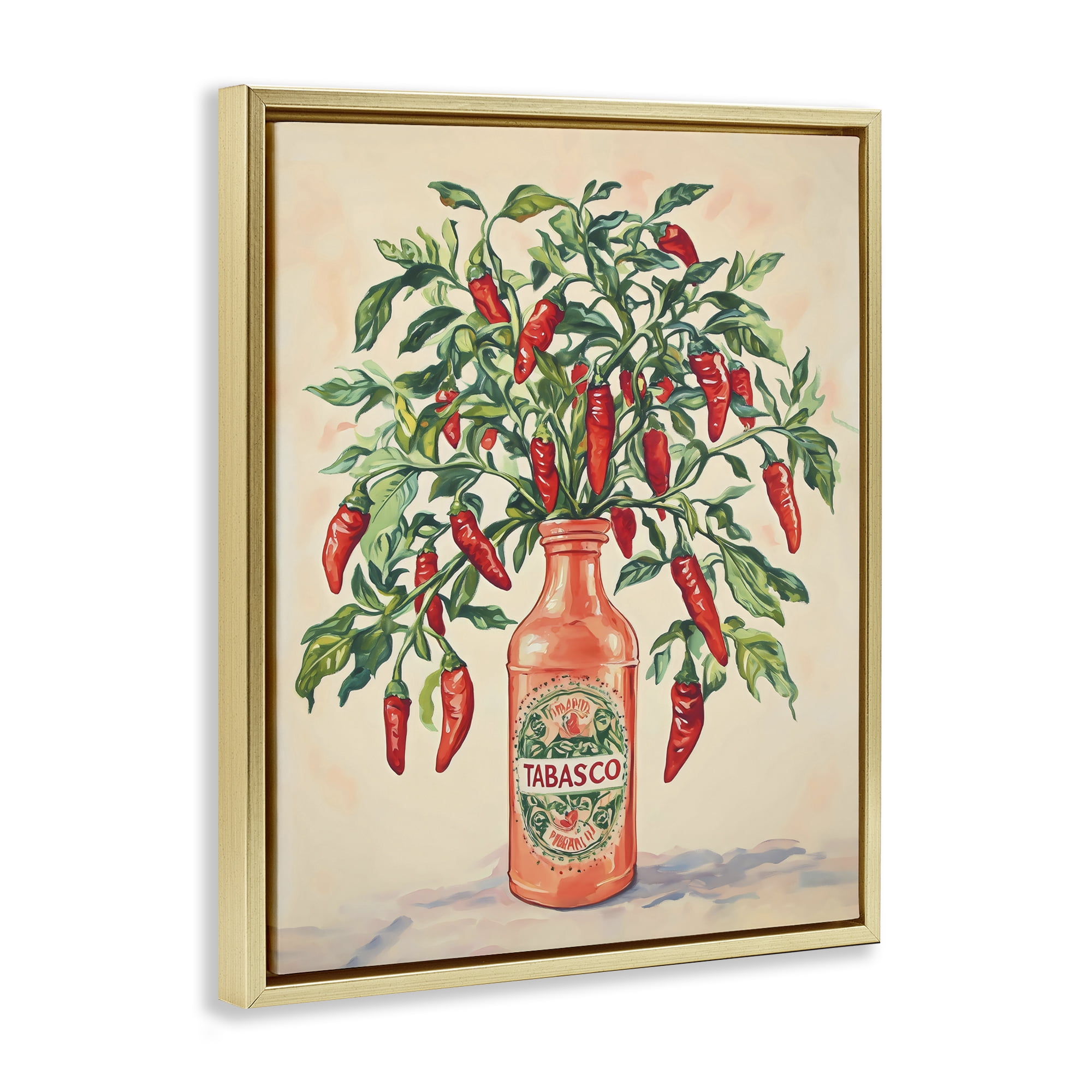 Stupell Industries Chili Peppers in Hot Sauce Vase Gold Framed Floater Canvas Wall Art, design by The Prints Vibe