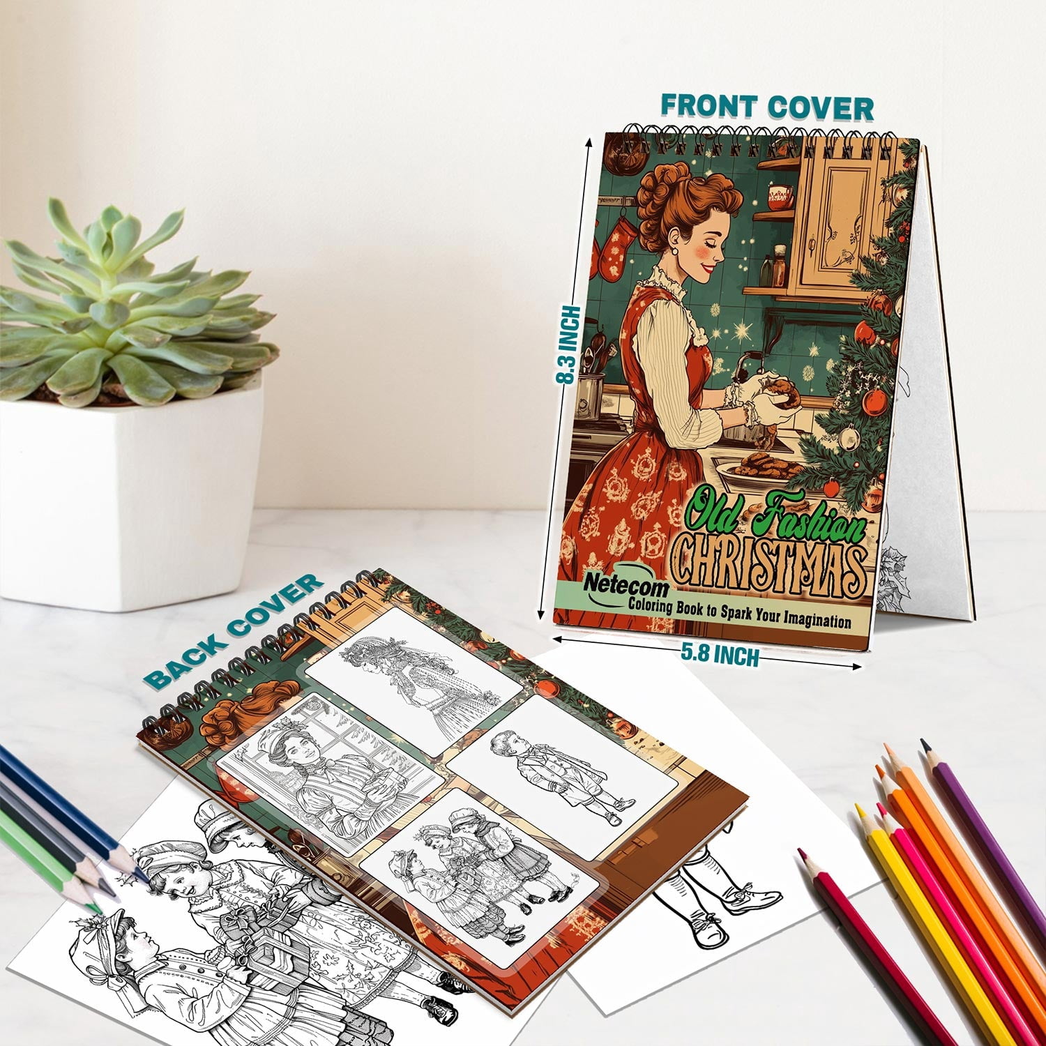 Netecom Old Fashion Christmas Coloring Book Spiral Bound for Adults, A5 Wooden Cover, 30 Vintage Coloring Pages of Winter Holiday for Stress Relief and Relaxation