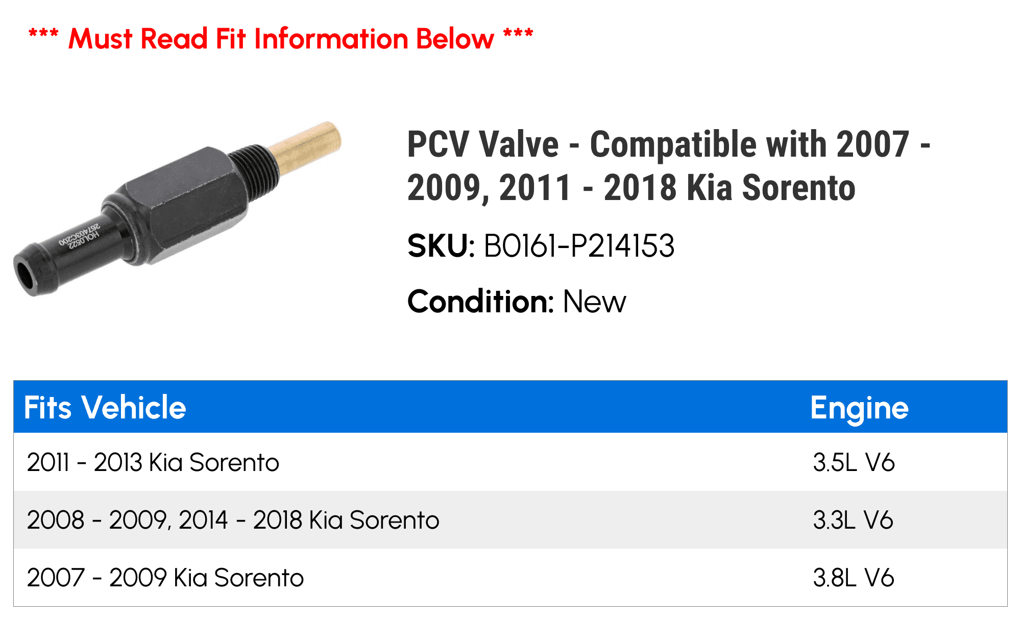 PCV Valve - Compatible with 2007 - 2009, 2011 - 2018 Kia Sorento - Holstein
