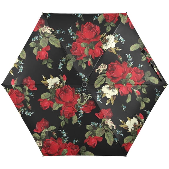 JSTEL Red Rose Flower Floral Folding Umbrella for Rain Sun Travel Mini Lightweight Compact Umbrellas
