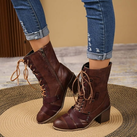 

Womens Clearance Deals Juebong Women s Winter Retro Splicing Boots Chunky Heel Middle-Heels Pointed Toe Side Zipper Boots