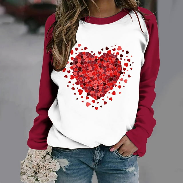 Qertyioot Chandail en Molleton de la Saint-Valentin pour Femmes, Blouse à Manches Longues Imprimée Col Rond Tunique Décontractée