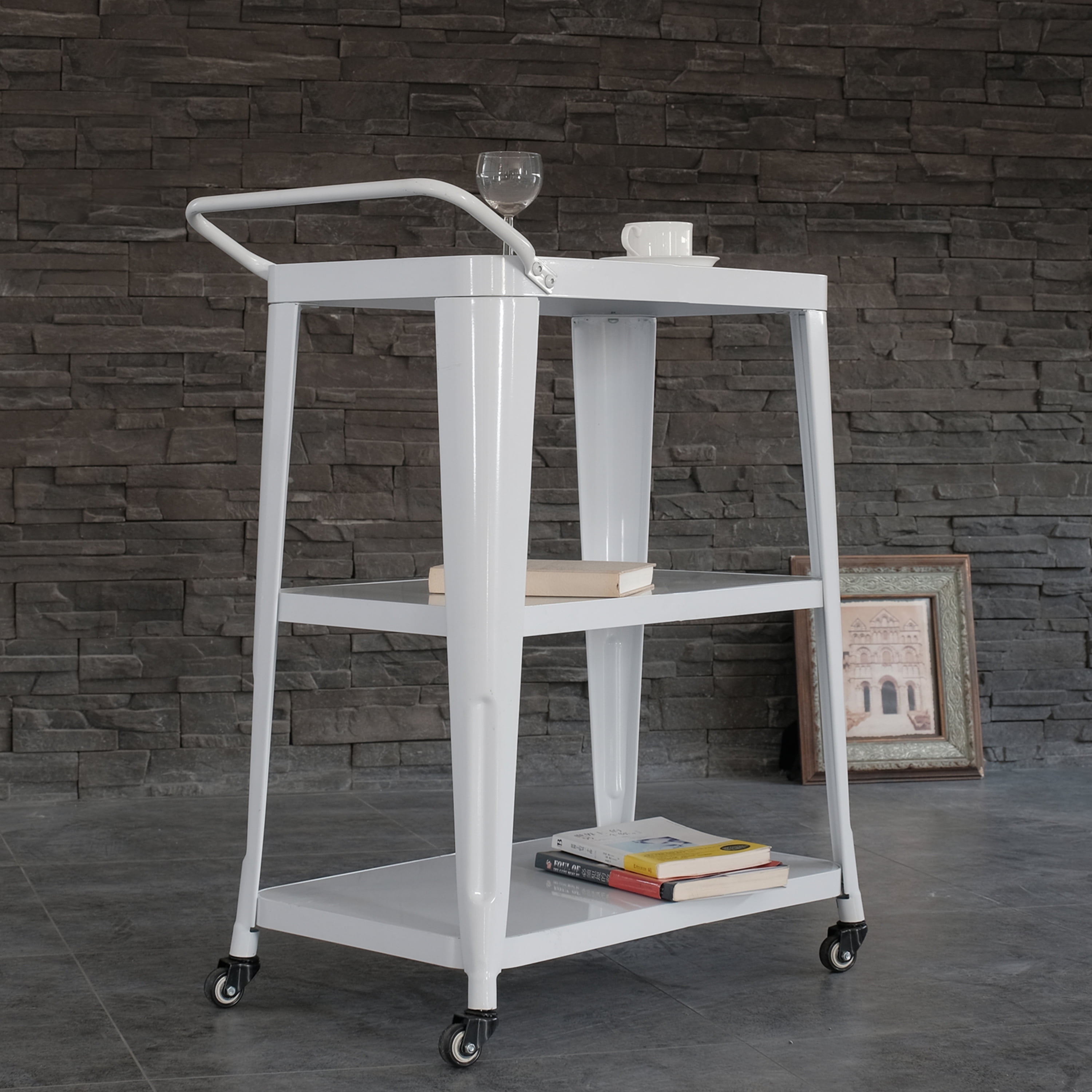 3-Tiered Metal Frame, Industrial Dining Cart with Swivel Wheels, White