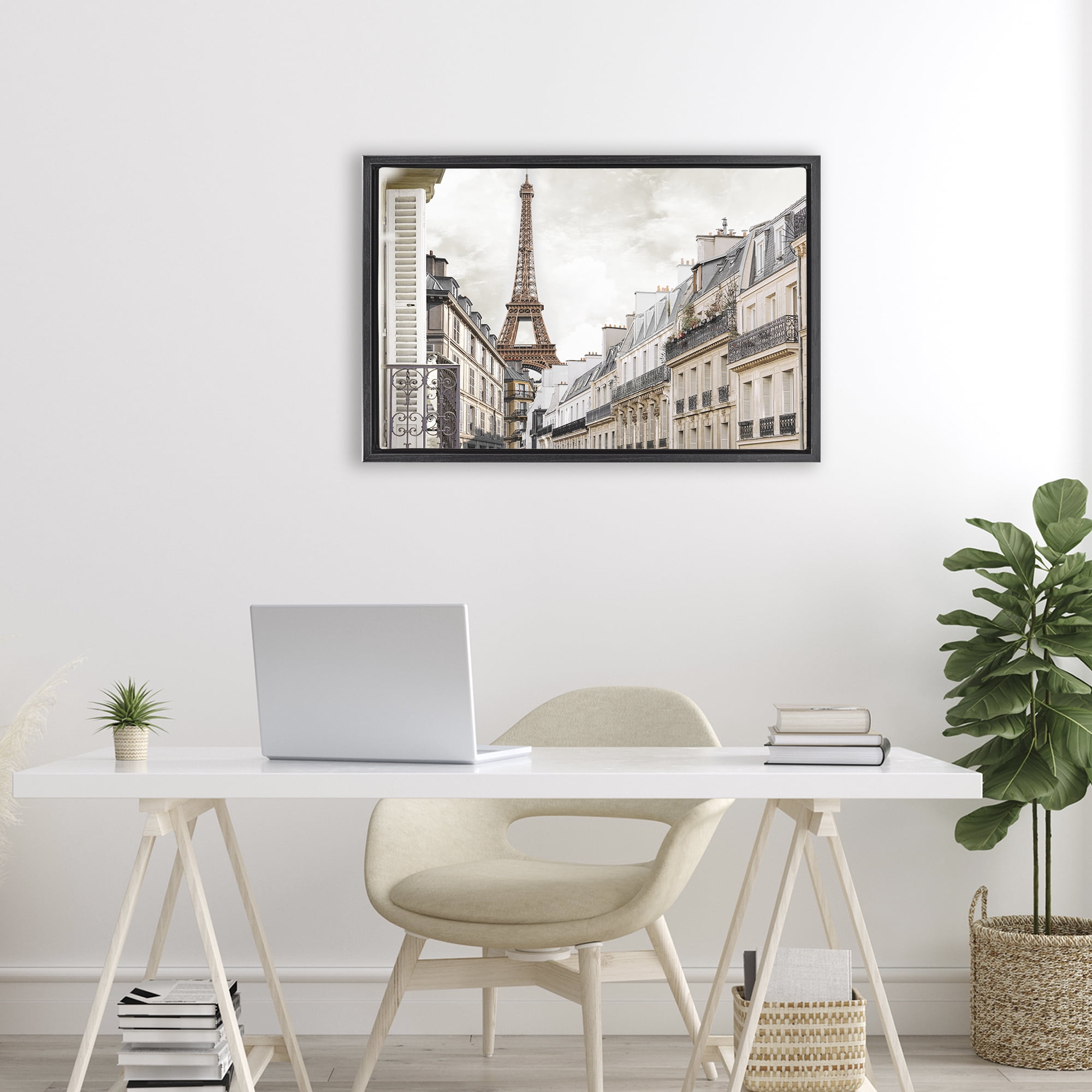 Stupell Industries Eiffel Tower Through Parisian Balconies Black Framed Floater Canvas Wall Art, design by CAD Designs