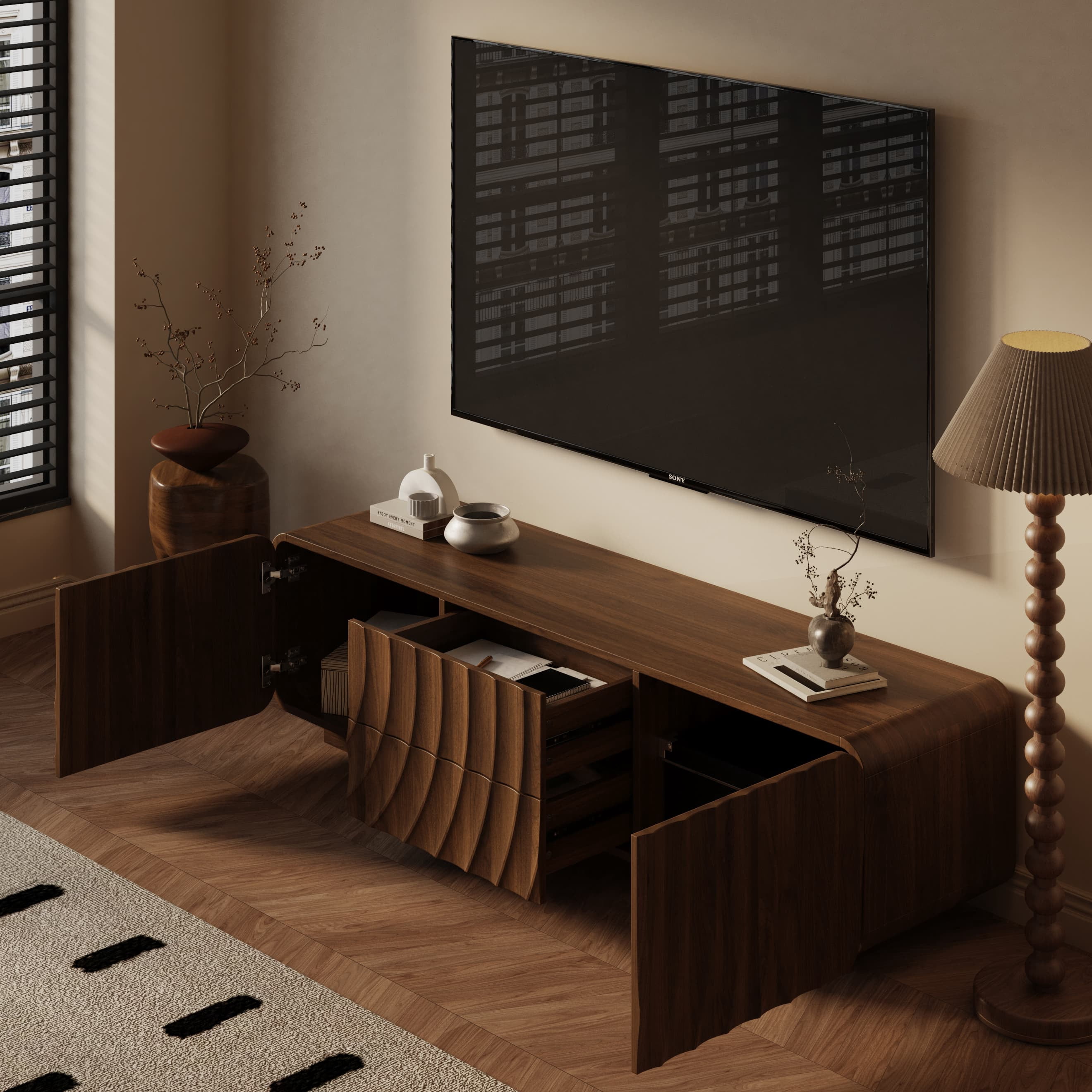 Aukfa TV Stand for TVs up to 65",Entertainment Center,3D Spiral Wave, Rounded Corners,Walnut