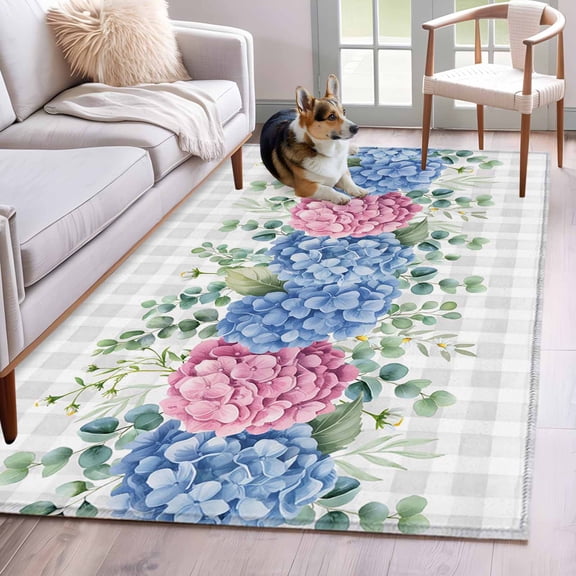 Rectangle Area Rugs 3 x 5 Ft, Blue Pink Hydrangea Non-Slip Residential Carpet, Eucalyptus Leaves Grey Plaid Indoor Crawling Mats Runner Rugs for Living Room/Dining Room/Bedroom