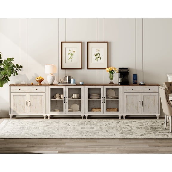 Sideboard Cabinet with Glass Doors, Wooden Doors and Drawers, Vintage Wood Grain Design, 4-in-1 Buffet Cabinet with Storage, Coffee Bar for Dining Room, Kitchen, and Living Room, Rustic White