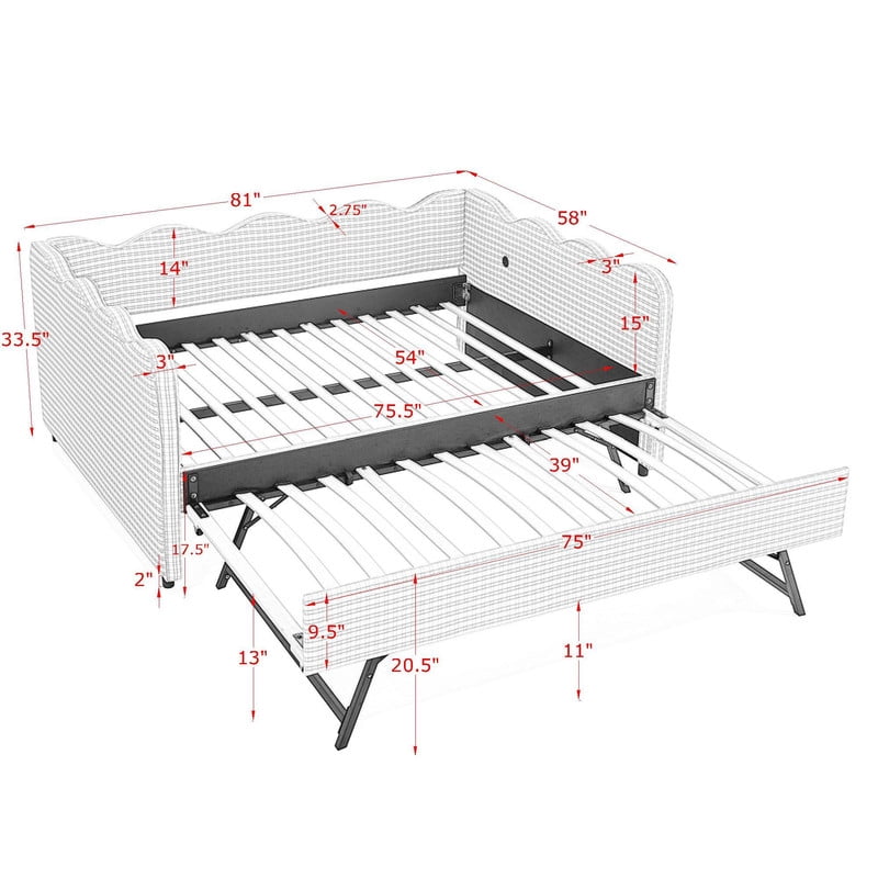 Full Size Upholstery Daybed with Trundle and USB, Full to King Design Wave Shaped Extendable Linen Sofa Bed, No Box Spring Required, for Living Room and Bedroom