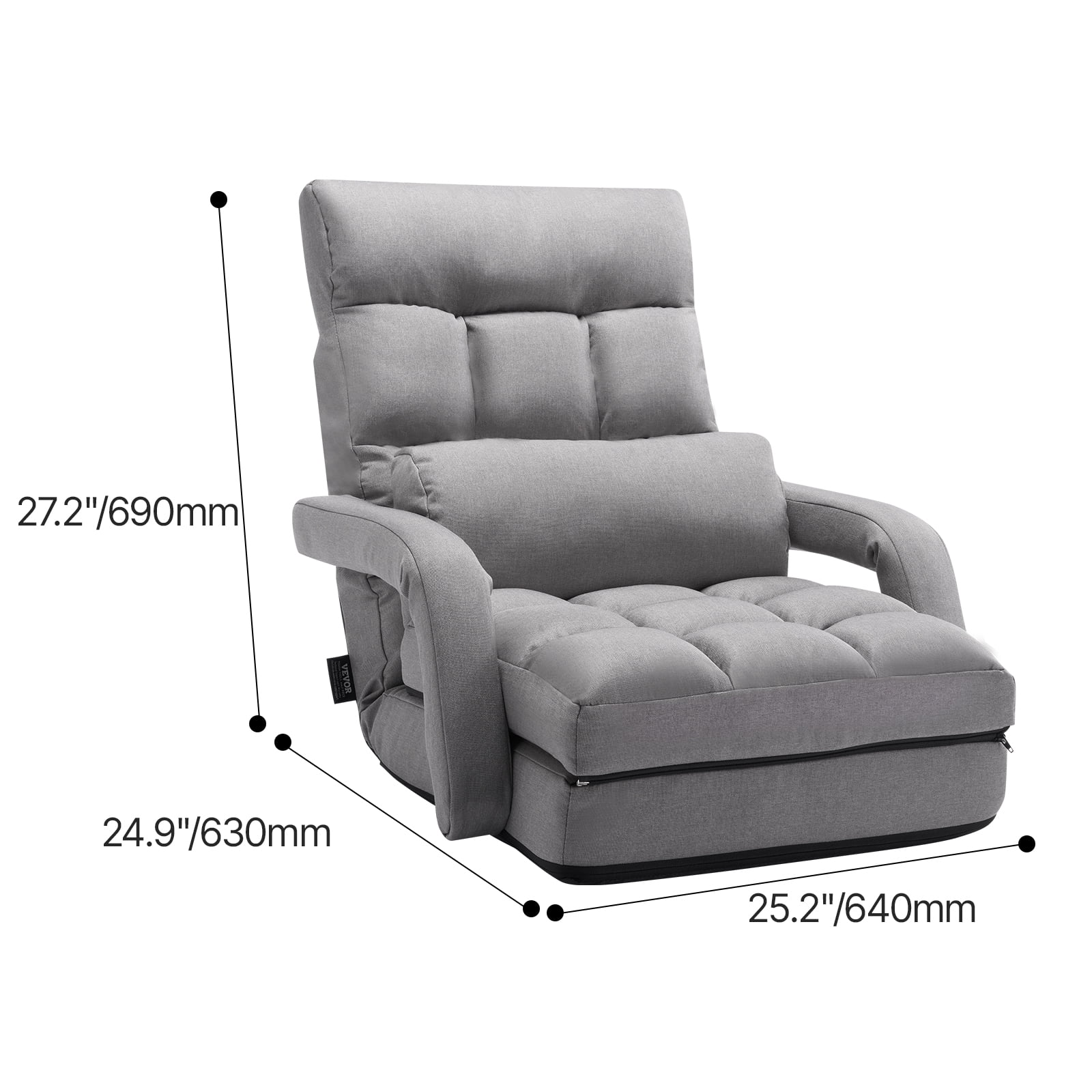 VEVOR Floor Chair, Floor Gaming Chair with 5 Adjustable Position and Back Support, Folding Sofa Chair with Armrest for Adults, Sofa Lounger Bed with Back Cushion for Living Room and Bedroom, Gray