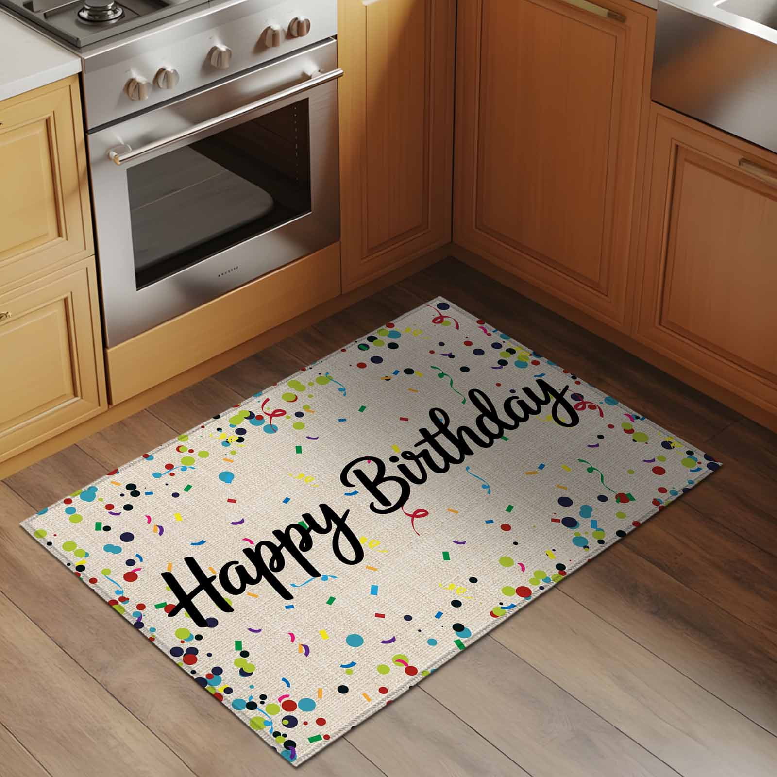 Beige Birthday Large Area Rugs for Bedroom Living Room, Non Slip Carpet Bedside Rug, Colorful Confetti Ribbons Polka Dots Classroom Rectangular Floor Cover Kitchen Accent Rug 2'x3' for Office