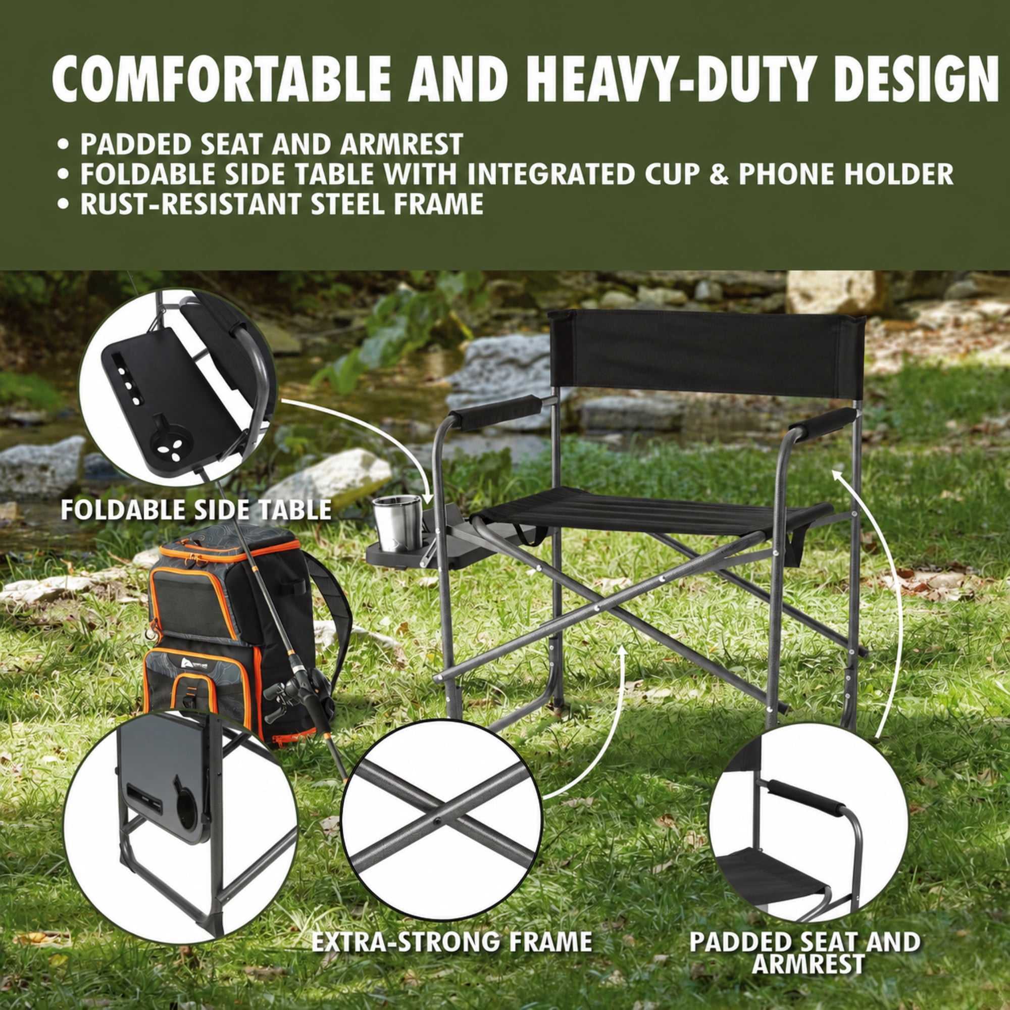Ozark Trail Director Chair with Side Table, Black