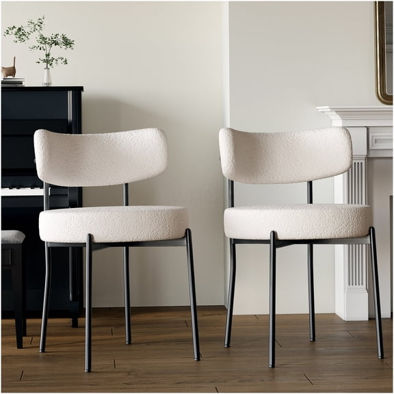 White Boucle Dining Chairs Set of 2, Modern Upholstered Kitchen Chairs with Curved Back and Black Metal Legs, Mid-Century Accent Chairs for Dining Room