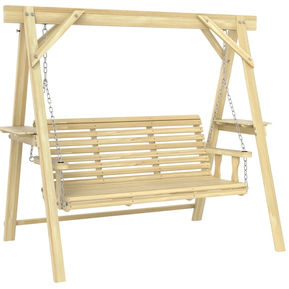 Outsunny 3 Seat Porch Swing with Stand and Side Tables, Natural Wood