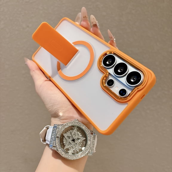Luxury Stand & Strong Magnetic for Samsung Galaxy S25 FE Case, [Compatible with MagSafe] Built in Invisible Stand Frosted Transparent Anti-Scratch Cover for Samsung Galaxy S25 FE, Orange