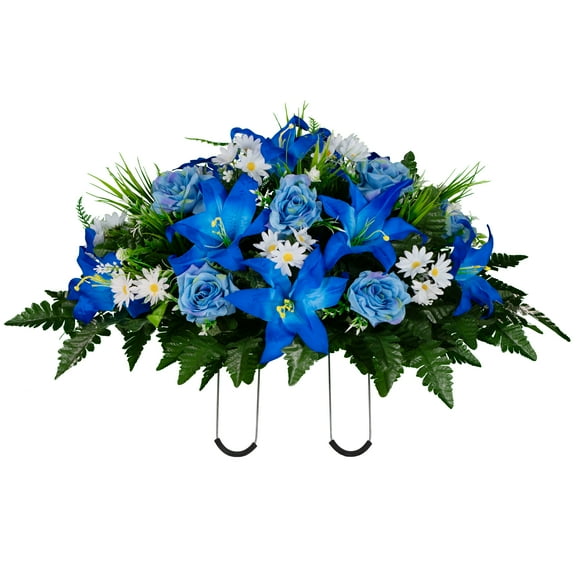 Sympathy Silks Artificial Cemetery Flowers Blue Lily and Rose with White Daisies Saddle