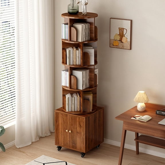 Rotating Bookshelf, 5 Tier Corner Bookcase with Storage Drawer and 360-Degree Rotation, Floor-Standing Design for Living Room, Walnut Brown