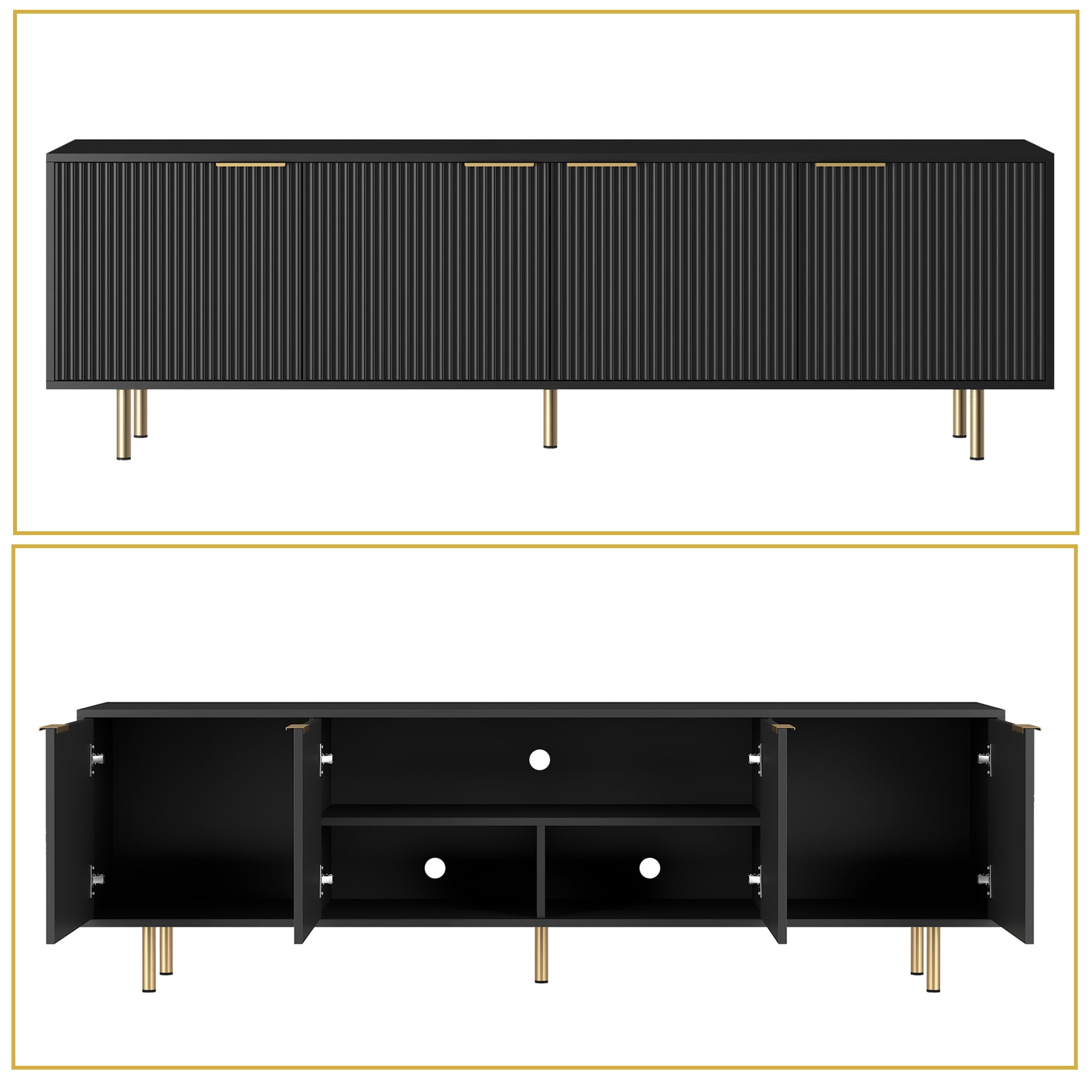 HIUU Black Modern Fluted TV Stands for Living Room, Entertainment Center with 4 Doors Cabinet Storage,Console Table Metal Adjustable Legs for 65''TV