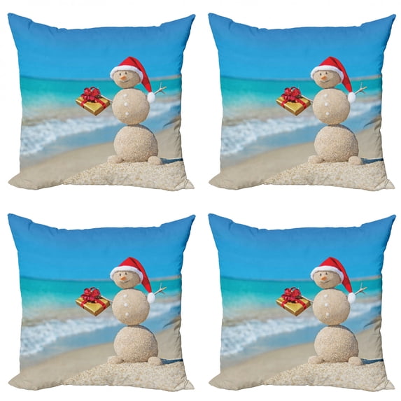 Ambesonne Christmas Throw Pillow Cover 4 Pack, Sand Snowman Santa Hat, 16", Blue and Vermilion