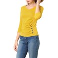 thumbnail image 5 of Allegra K Women's Button Decor V Neck 3/4 Sleeve Solid Blouse Knitted Ruched Top, 5 of 6