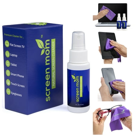 Screen Mom Screen Cleaner Kit - Best for Computer Monitor, Phone, Eyeglasses, LED, LCD, TV - Includes 2oz Bottle and 2 Purple Microfiber Cleaning (Best Way To Clean Tv And Computer Screens)
