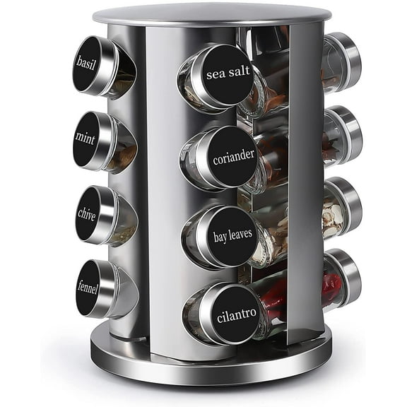 DOUBLE 2 C Revolving Countertop Spice Rack Stainless Steel Seasoning Storage Organization,Spice Carousel Tower for Kitchen Set of 16 Jars (16Jars)