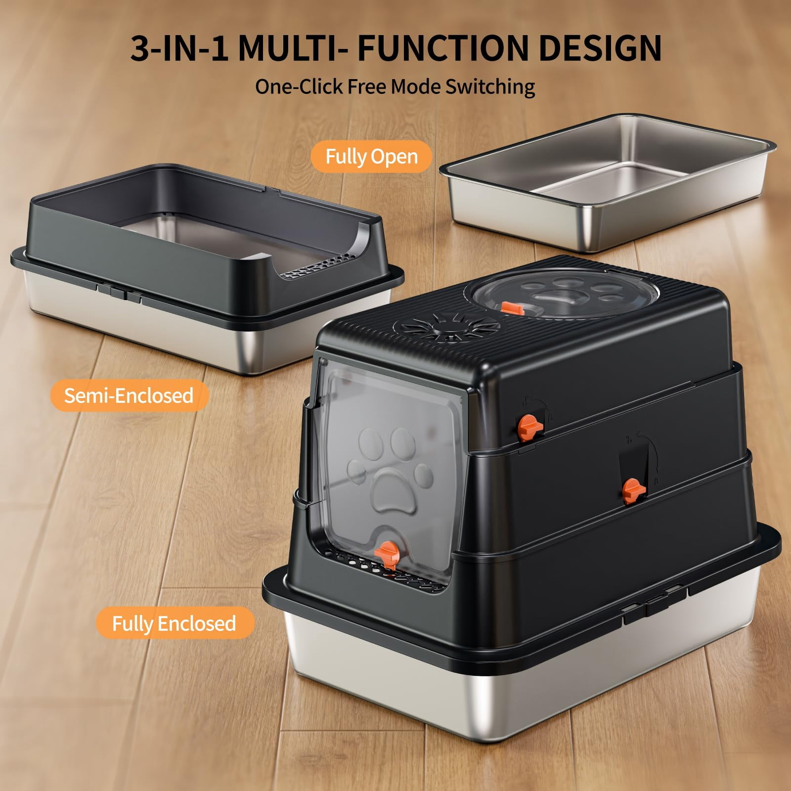 Black Small Stainless Steel Cat Litter Box With Flip Lid