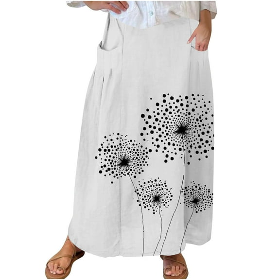Mrat Women's Athletic Skirts Women's Casual Retro Floral Skirts Linen Elastic Waist Pleated Maxi Skirt with Pockets Plus Size Skirts S-244 White M