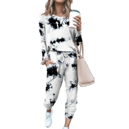 

Women Tie-Dye 2Pcs Pajamas Set Long Sleeve Pullover Tops Jogger Pants Loungewear