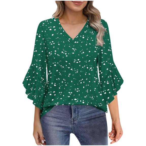 Cilsoka Womens Business Casual 3/4 Ruffle Sleeve Blouses V Neck Double Layers Mesh Shirts Flowy Dressy Tunic Tops