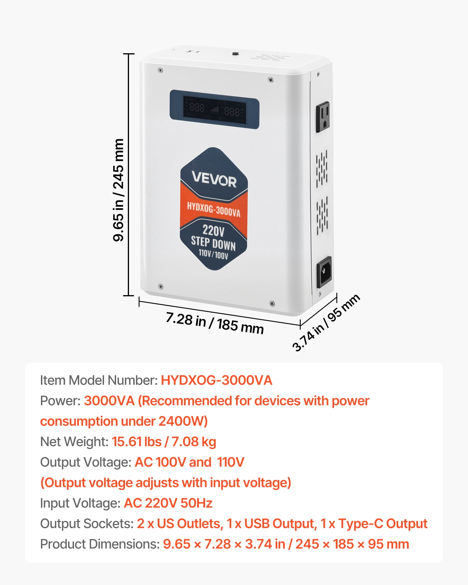 VEVOR Step Down Voltage Converter, 3000W, Heavy Duty Voltage Power Converter, 220V to 110V Power Transformer, with 2 US Outlets, USB Output, LCD Display, Temperature Protection, for 110V Appliances