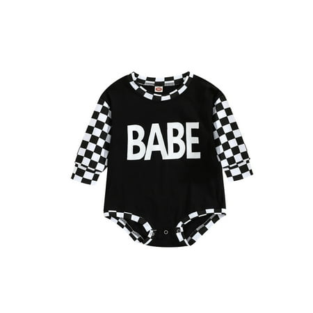 

Qiylii Infant Baby Girl Boy Jumpsuit Checkerboard Letter Print Patchwork Long Sleeves Round Neck Romper for Spring Autumn 0-24M