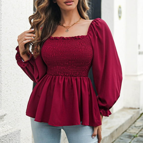 Eiyaclvo Babydoll Tops for Women Square Neck Smocked Peplum Shirts Lantern Long Sleeve Chiffon Blouses Dressy Casual Pleated Tops