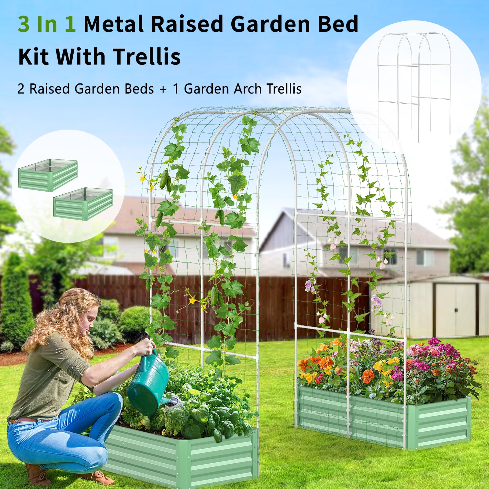 MOPHOTO 3 in 1 Raised Garden Bed with 87in Tall Arch Trellis for Climbing Plants, Galvanized Planter Garden Box Outdoor for Gardening, Climbing Vegetables, Flower, Green
