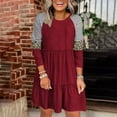 thumbnail image 2 of TIHLMK Casual Dress Women Casual Loose Round Neck Leopard Print Patchwork Long Sleeve Pullover Mini Dress Wine, 2 of 5