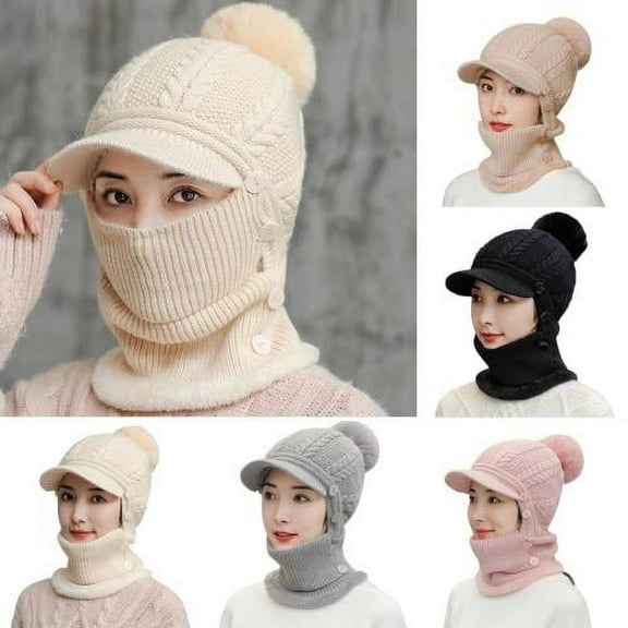 Visland Women Knitted Hat, Fashion Casual Solid Color Cute Plush Ball Elastic Soft Cozy Plush Lined Winter Head Ear Neck Warm Short Brim Cap Neck Gaiter for Outdoor Cycling Riding Skiing