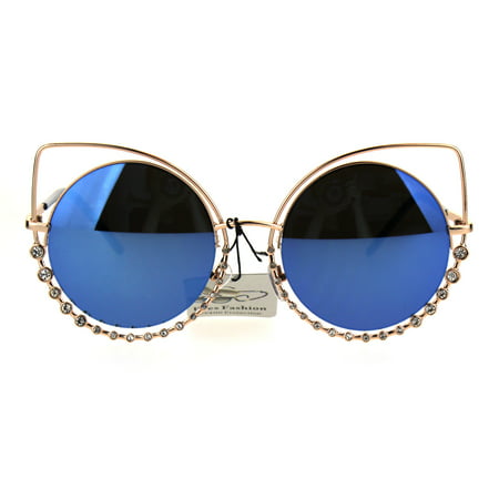 Womens Rhinestone Jewelry Gothic Round Circle Lens Cat Eye Sunglasses Gold Blue