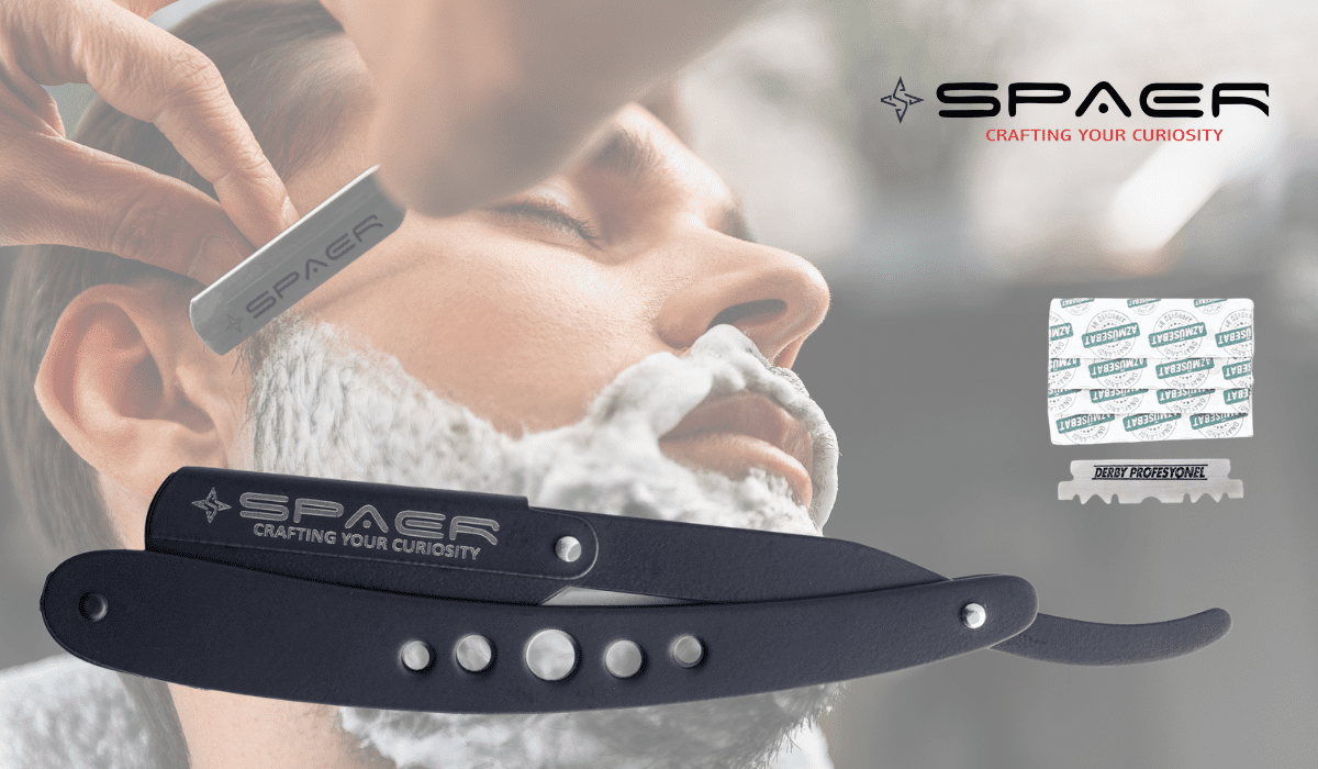 Spaer Straight Edge Razor Black Stainless Steel - Professional Barber Salon Shaving Shavette with 10 Blades