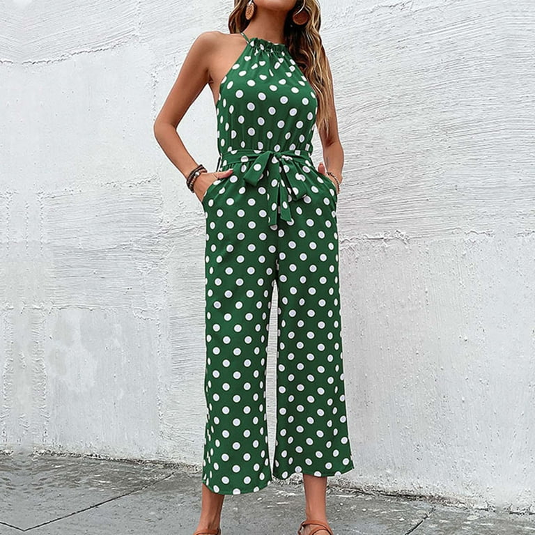 Womens Summer Neck Jumpsuits Sleeveless Polka Dots High Waist Wide Leg Pants One Piece Romper with Pockets Ladies Clothes Walmart