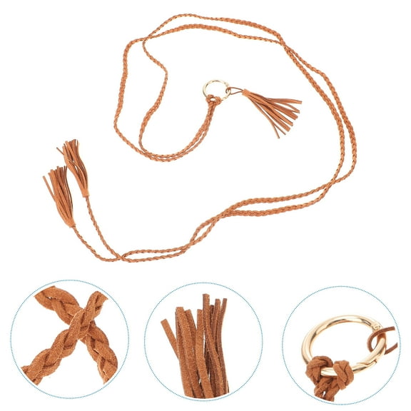 GOOHOCHY 1Pc Woven Belt Tassel Tied Waist Belt Ladies Wide Pants Rope Dress Belt Camel