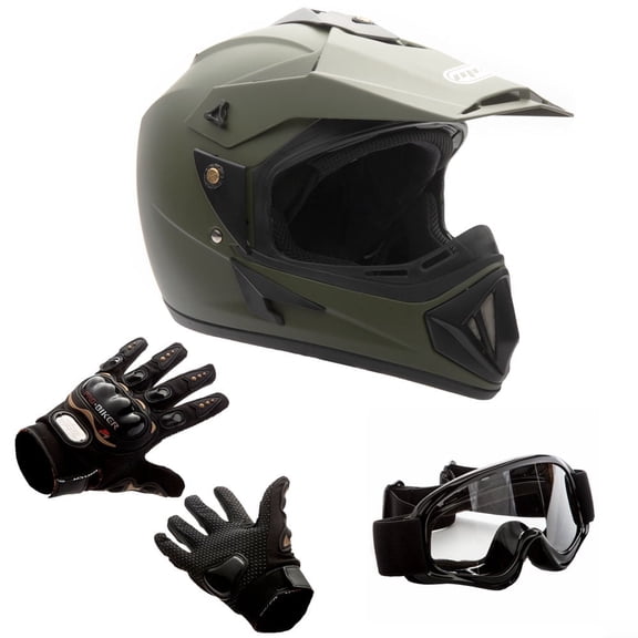 MMG Adult Motorcycle Off Road Helmet Combo, Includes Riding Gloves and Goggles. Size: Large - Color: Military Green