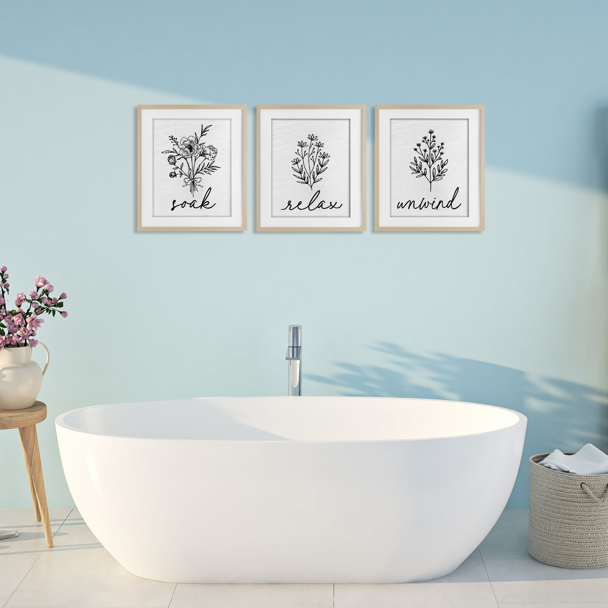 Bathroom Herbs for Relaxation 3 Piece Birch Framed Print Under Glass Set, design by Lettered and Lined