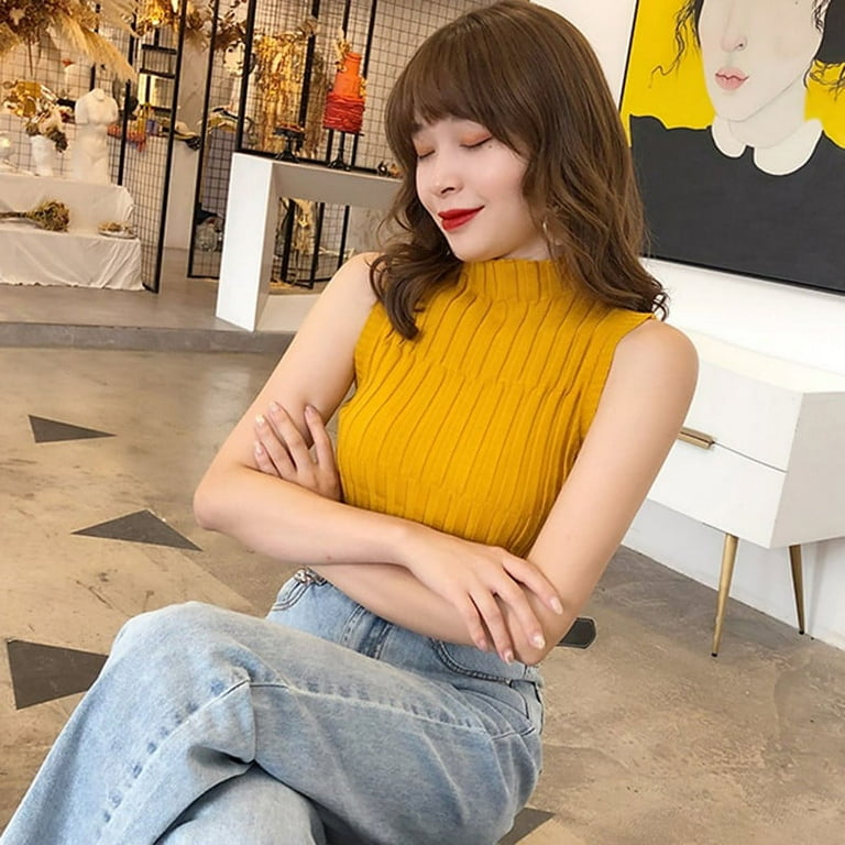 Women s Solid Color Sleeveless Turtleneck Fashion Slim Knitted Vests Yellow